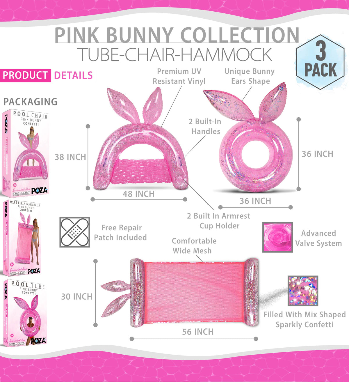 Pink Bunny Pool Floats Set Of 3 Pack H54432