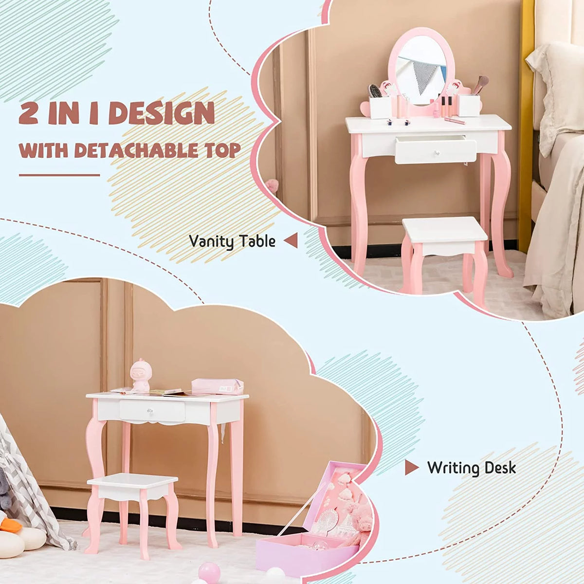 Kids Vanity Set with Mirror and Stool S7804