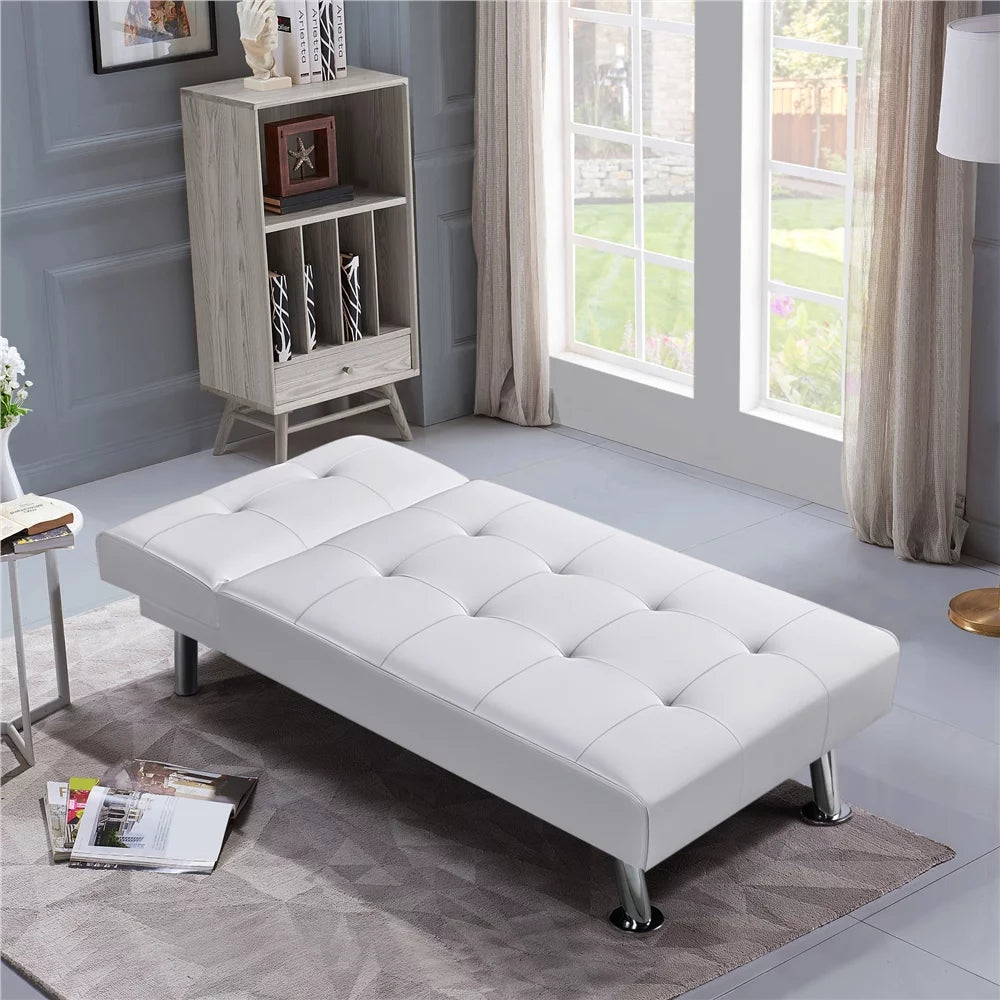 White Faux Leather Convertible Futon Chaise Lounge V628
