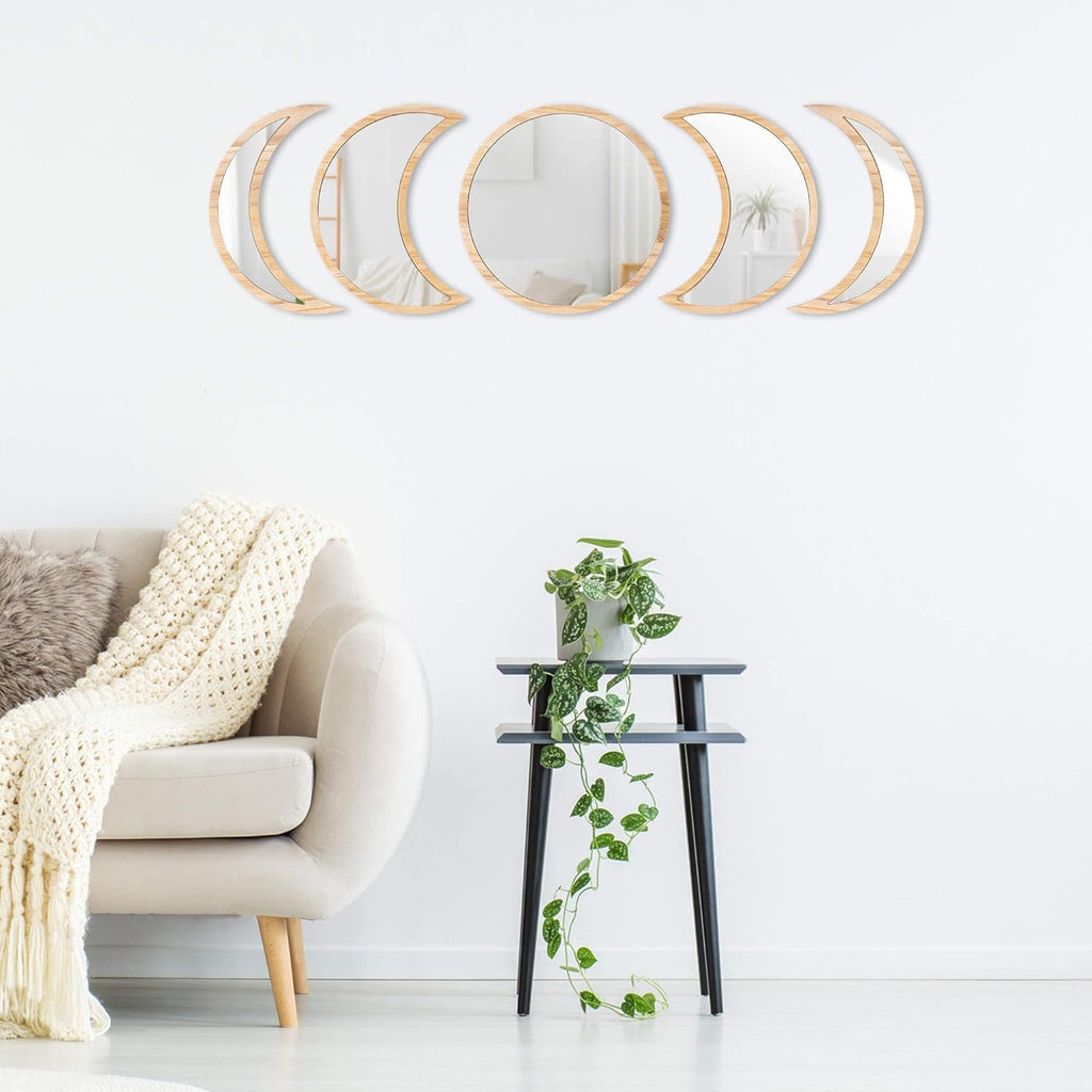 Scandinavian Moon Phase Mirror Set Glass Wood Frame Rustic White K3381
