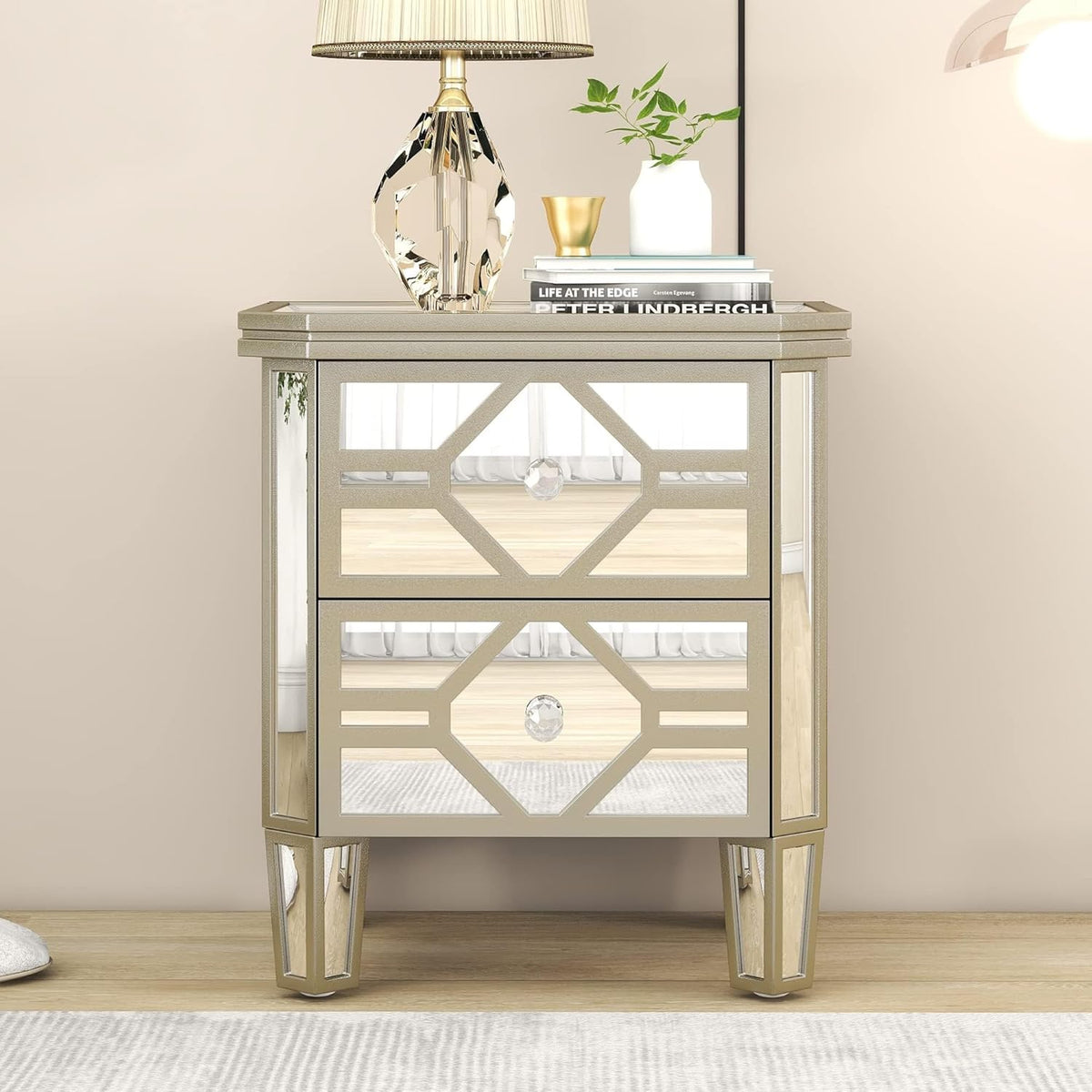 Mirrored 2-Drawer Nightstand End Table with Golden Lines, Silver Q107538