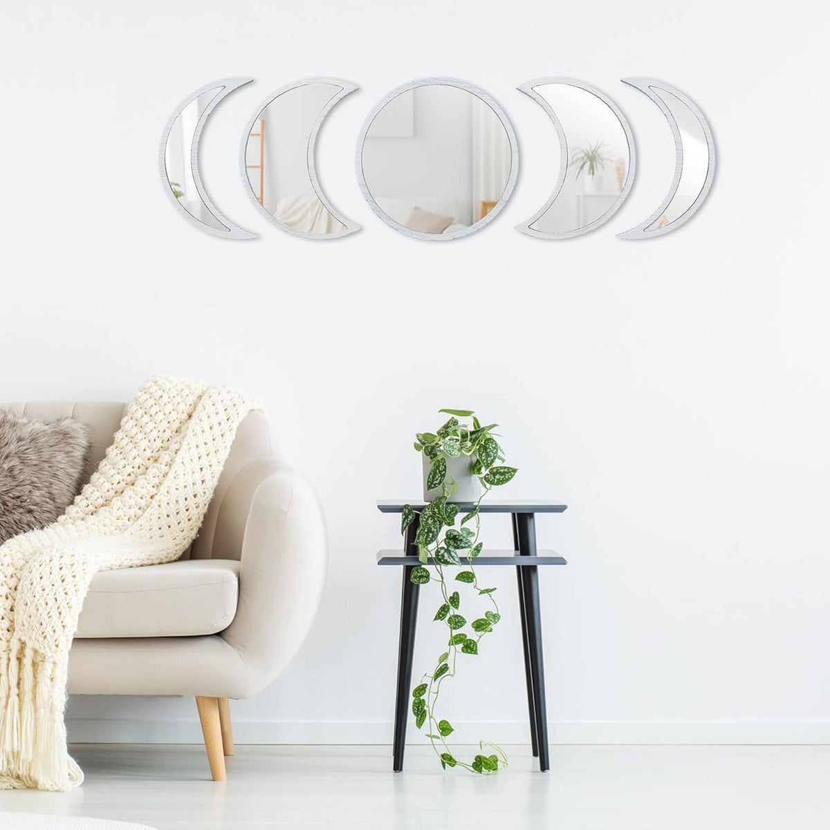 Scandinavian Moon Phase Mirror Set Glass Wood Frame Rustic White K3381