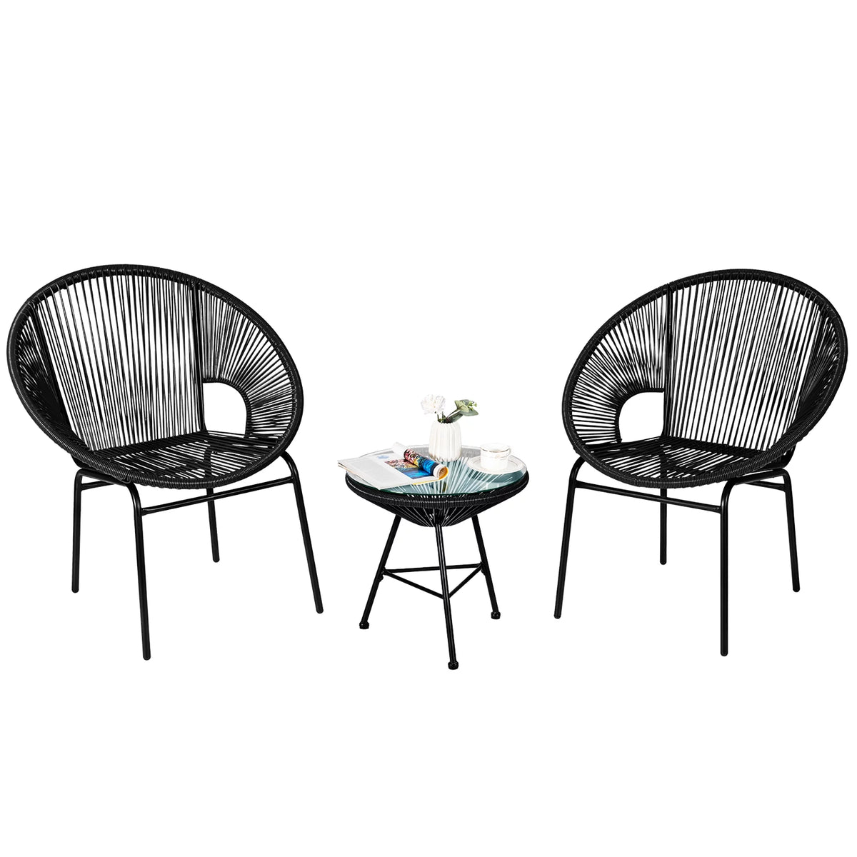 3 Pc Black Plastic Rope Patio Bistro Set T253912