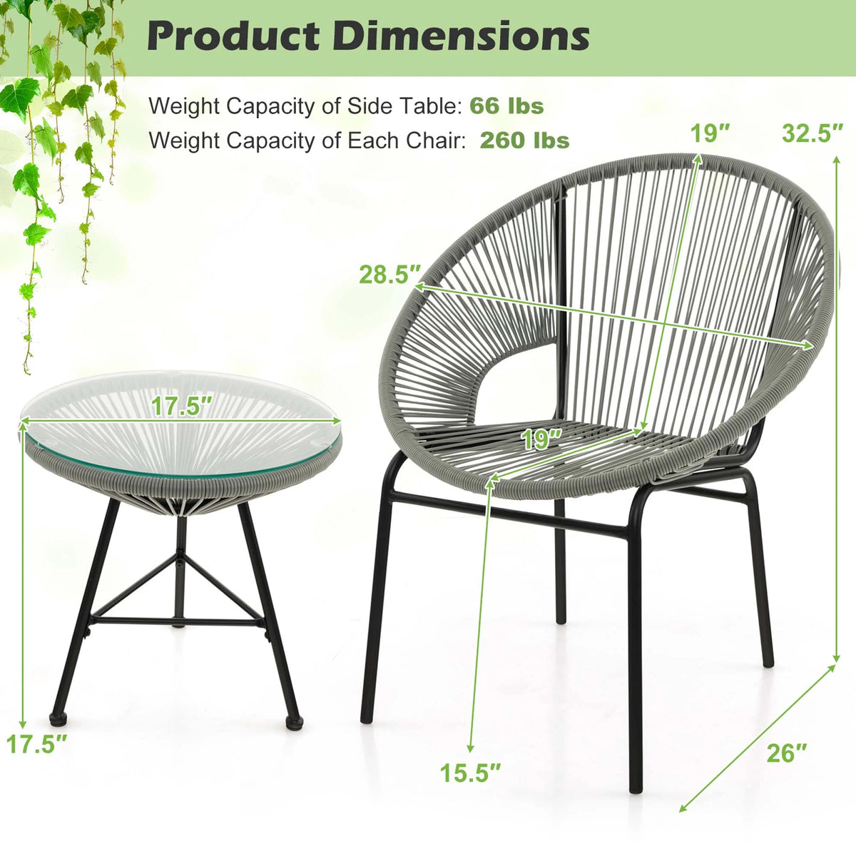 3 Pc Black Plastic Rope Patio Bistro Set T253912