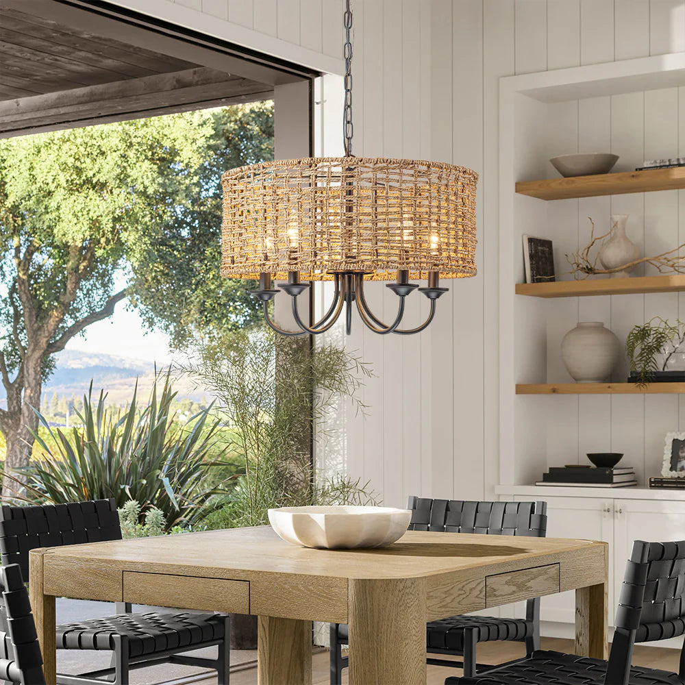 Distressed Hand-Woven Drum Chandelier I98437