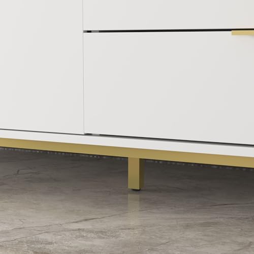 White Sideboard Storage Cabinet with Drawers and Doors, Gold Metal Frame Legs U7806