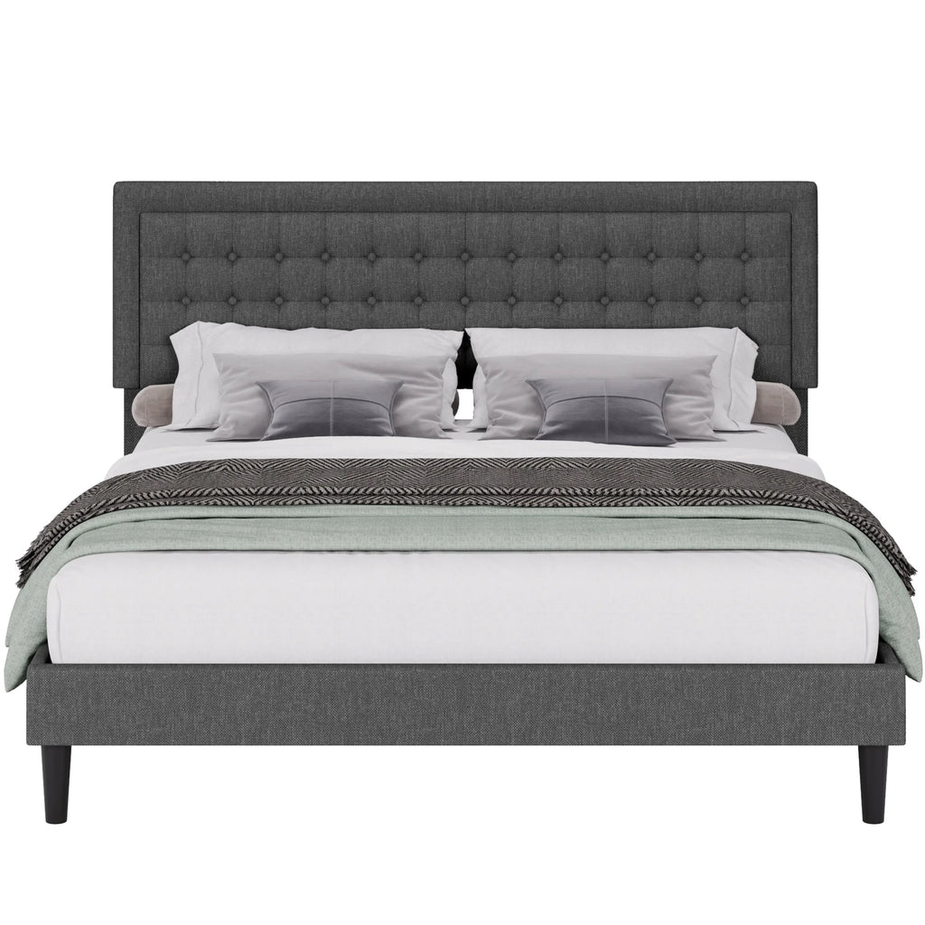 King Size Gray Linen Fabric Bed Frame with Tufted Headboard O122529