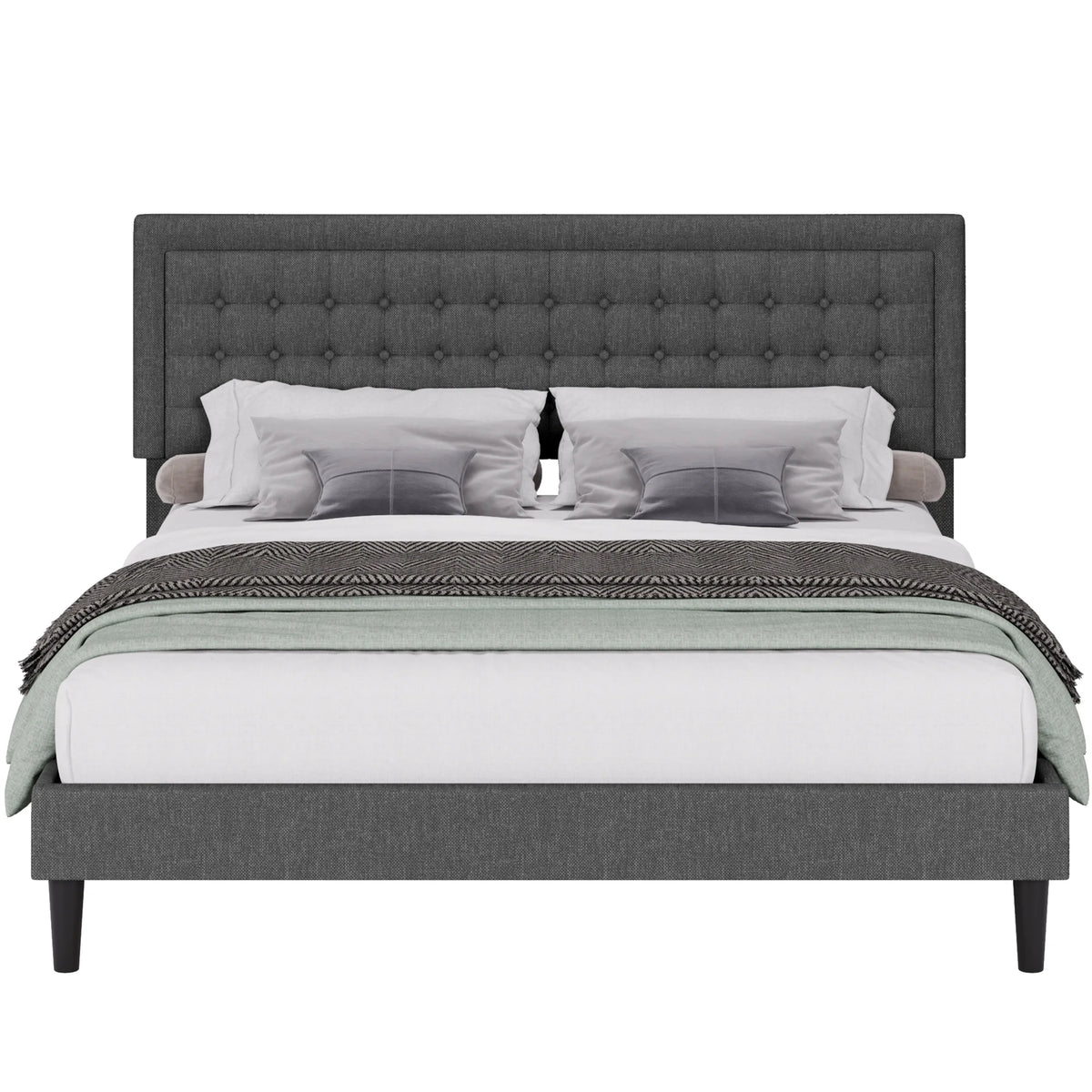 King Size Gray Linen Fabric Bed Frame with Tufted Headboard O122529