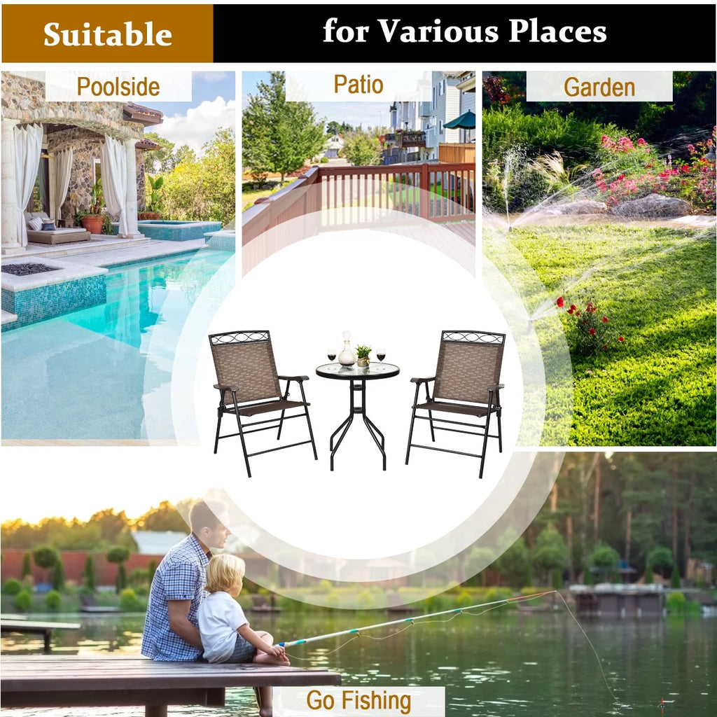 3 PCS Bistro Patio Dining Set with 2 Folding Chairs & Glass Table E97693