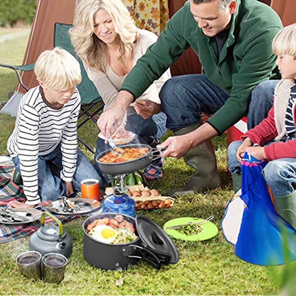 Camping Cookware Mess Kit Pot Pan Kettle Cooking Set Tableware with Spoon Fork Cutter I927851