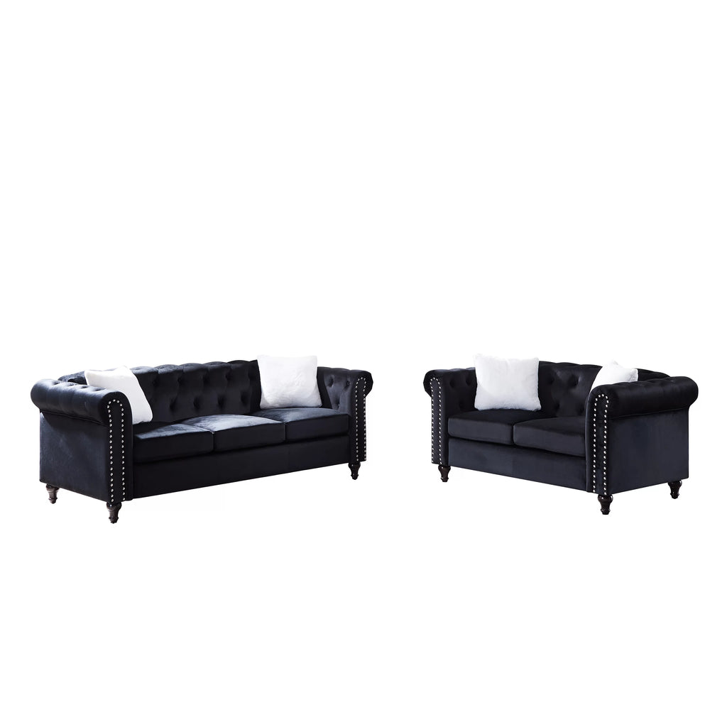 Black 2 Piece Sofa Set with 4 White Pillows B386