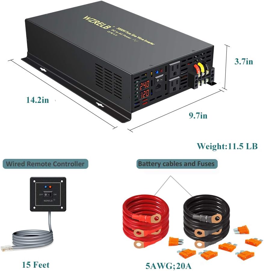 3000 Watt 24V DC Pure Sine Wave Power Inverter with Remote Control Switch, Dual 110V 120V AC Outlets O5624