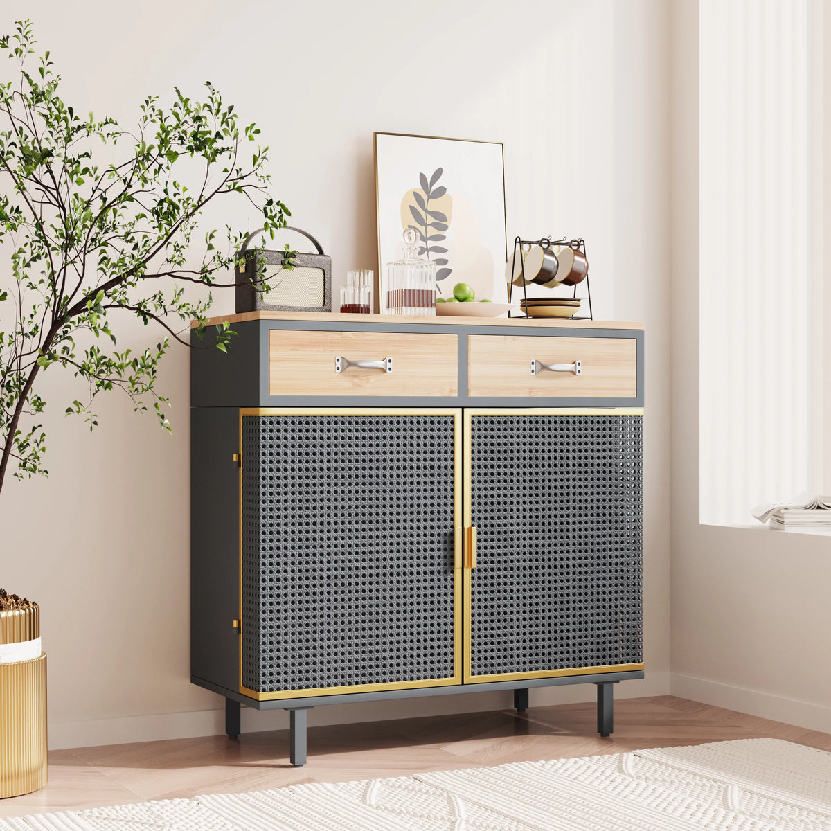 31.5'' Wide 2 Drawer Iron Carbonized Bamboo Sideboard V59545