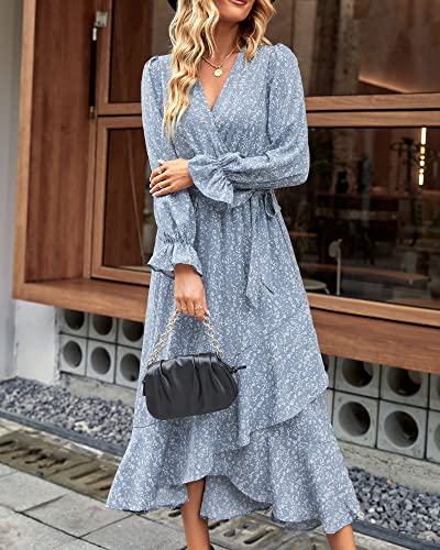 Women Long Sleeve Wrap Maxi Dress V Neck Floral High Waist Flowy Ruffle Dresses with Belt M273