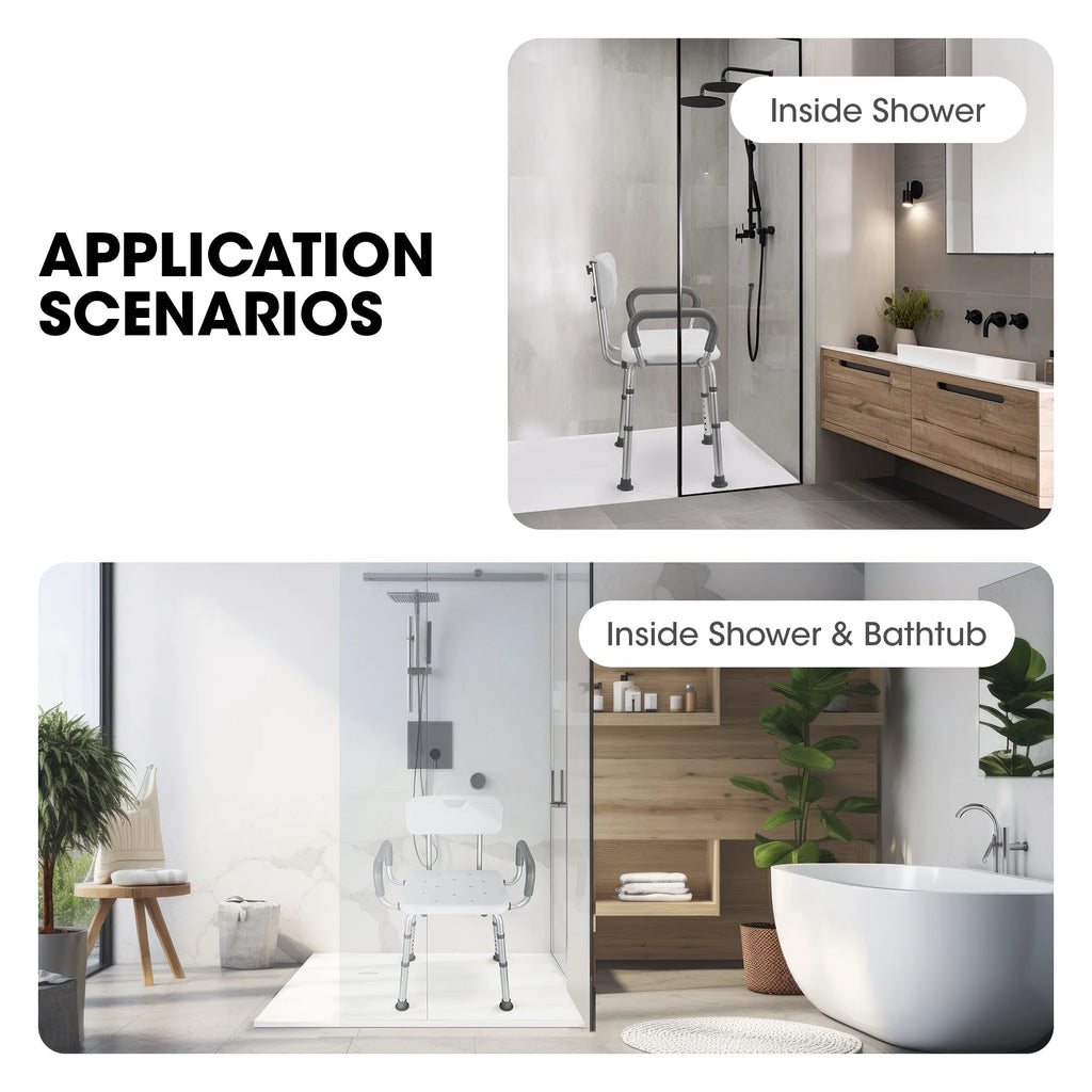 Shower Chair with Back and Padded Armrests, 6 Levels Adjustable Height I287