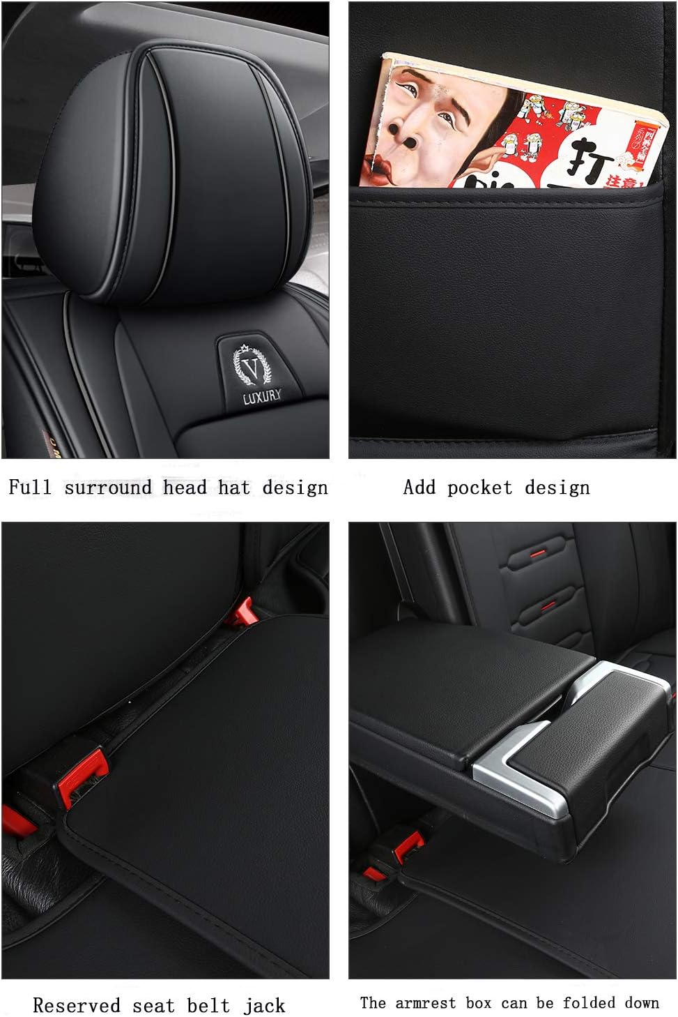 Black Leather Car Seat Covers 5 Seats Full Set B20380