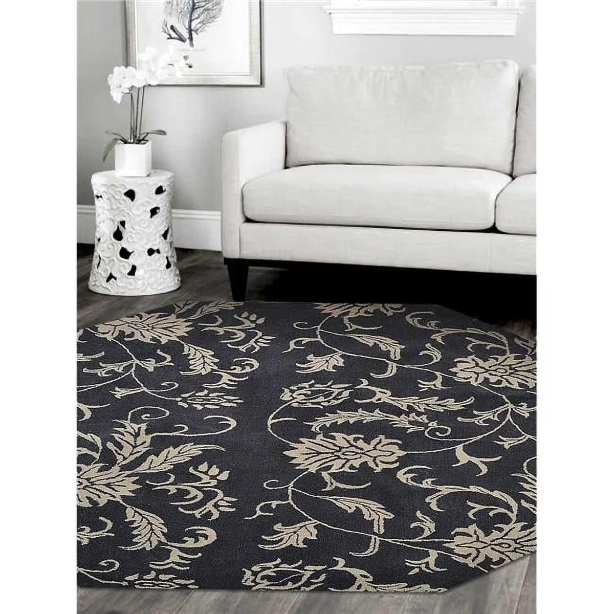 Charcoal Beige Hand Tufted Wool Octagon Area Rug N14409