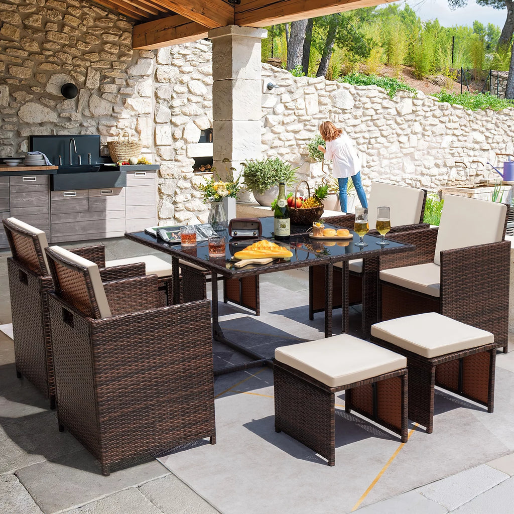9 Pieces Outdoor Dining Set Wicker Chairs with Glass Table T9191