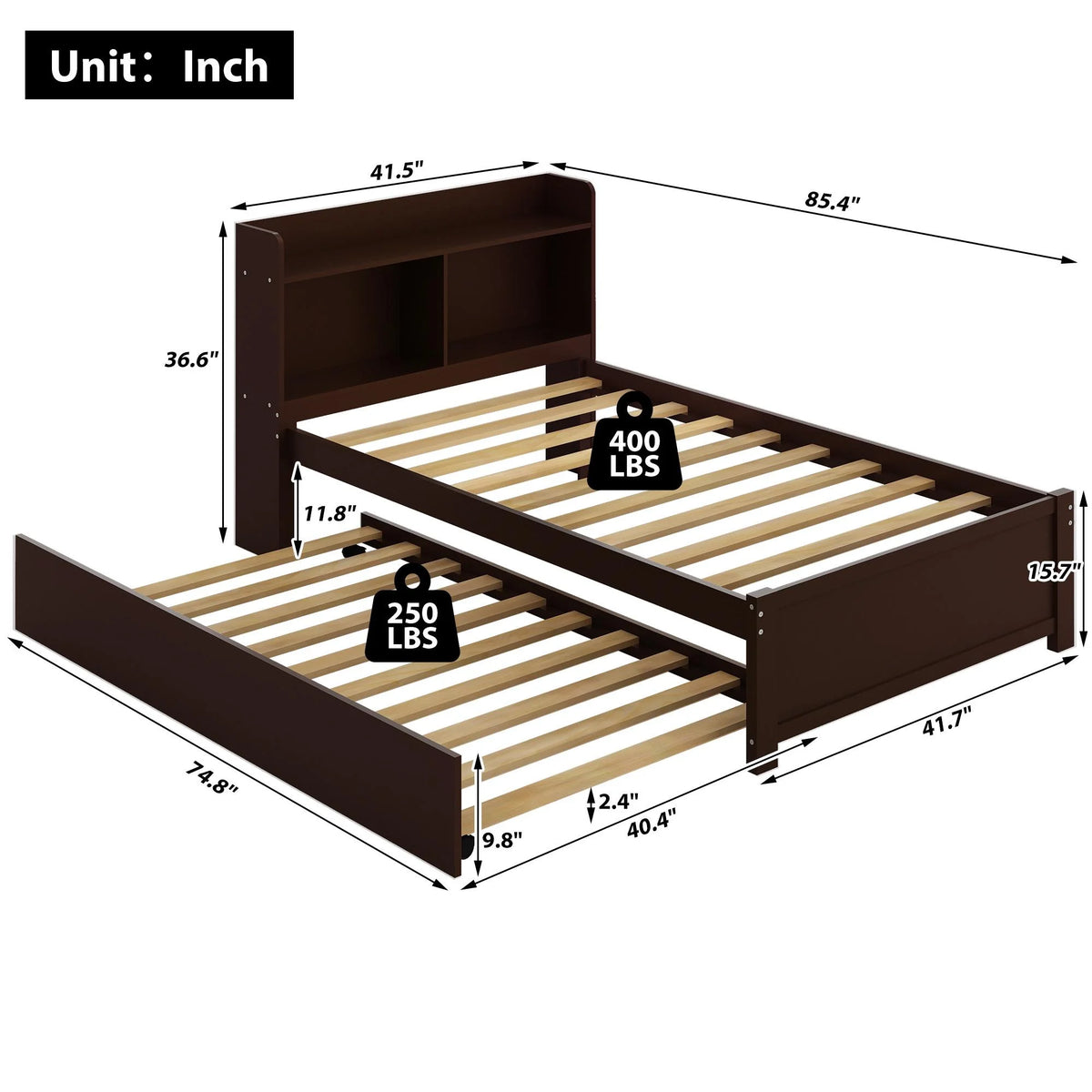 Twin Bed Frame with Trundle and Storage Bookcase Y75595
