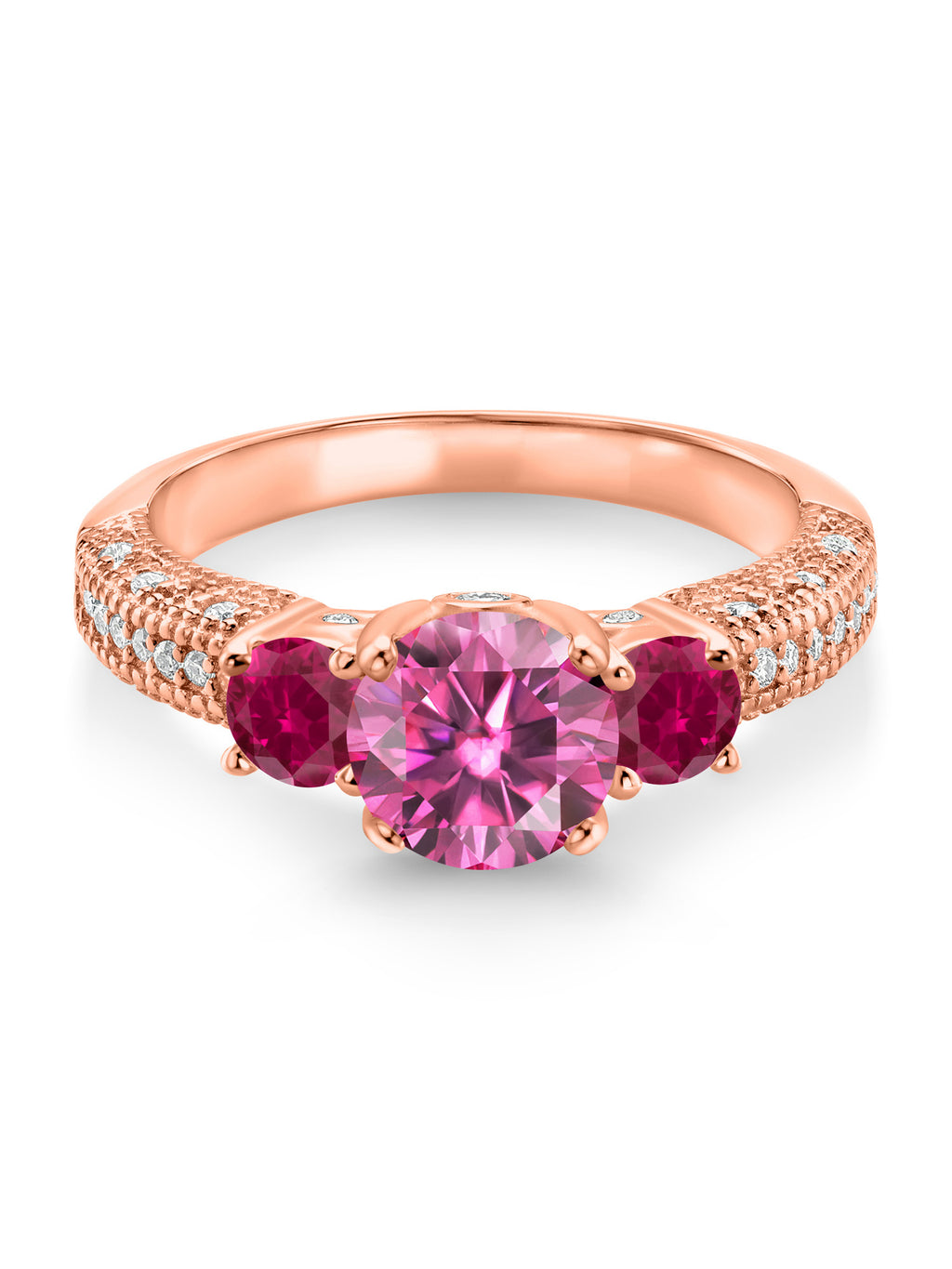 18K Rose Gold Plated Silver Pink Moissanite Red Created Ruby and White Moissanite Engagement Ring G356