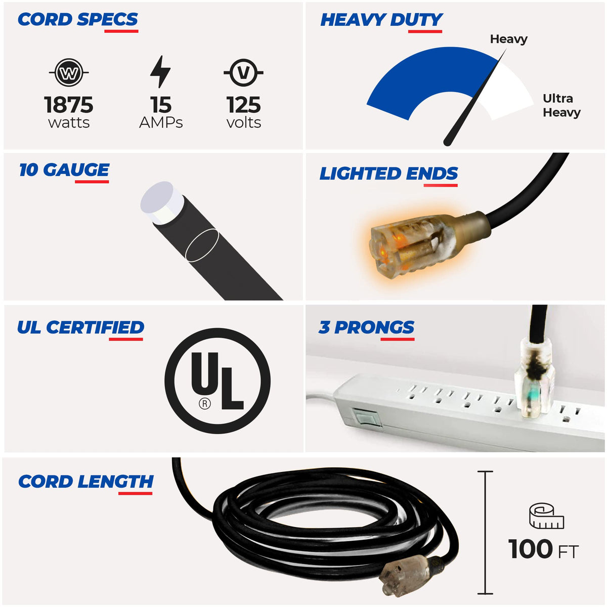 100 ft Heavy Duty 3 Prong Extension Cord with Multiple Outlets, Lighted End, Black C6301