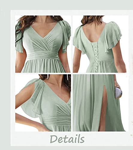 V Neck Flutter Sleeves Chiffon Aline Bridesmaid Dress with Slit N615289