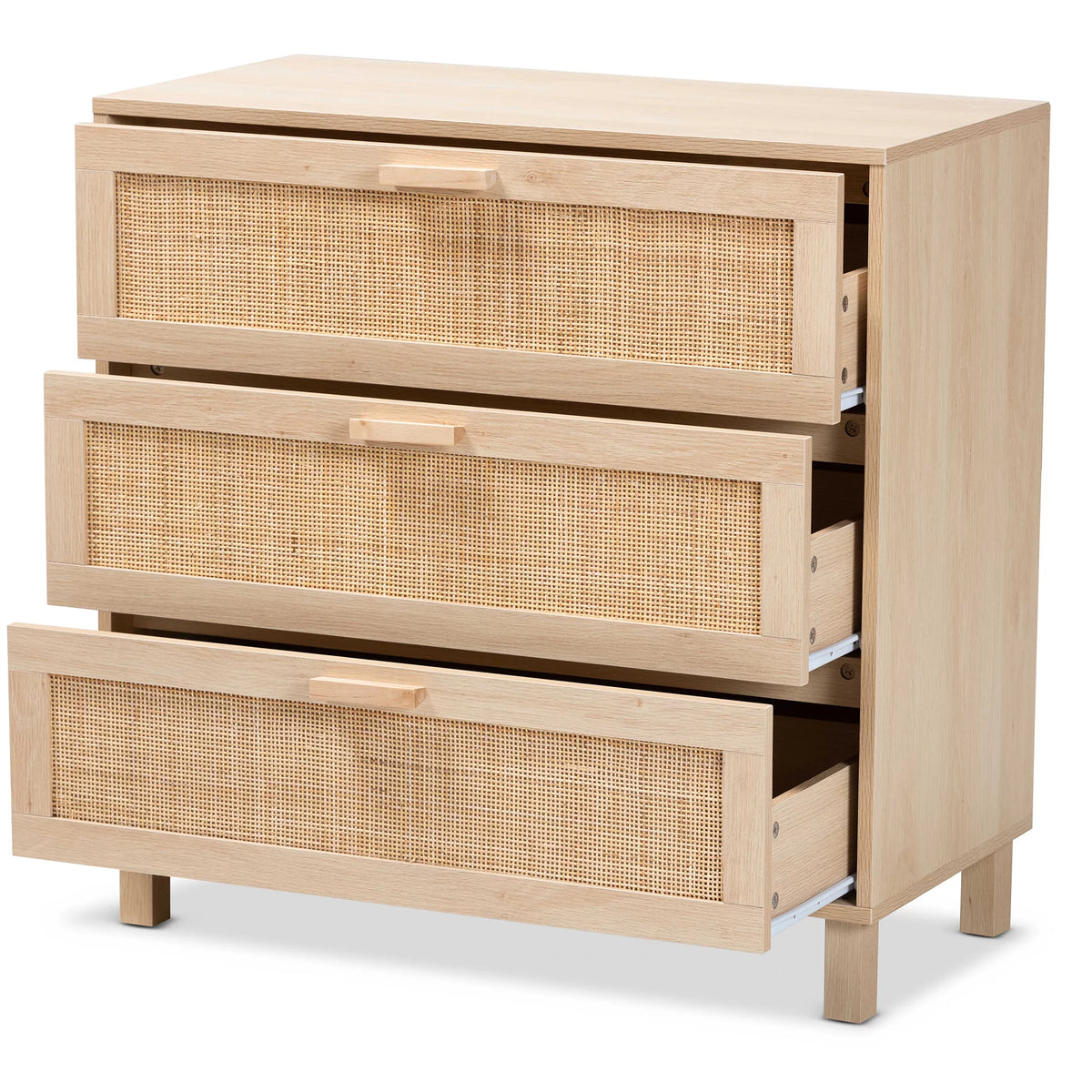 Light Brown Wood 3 Drawer Storage Cabinet with Rattan X807