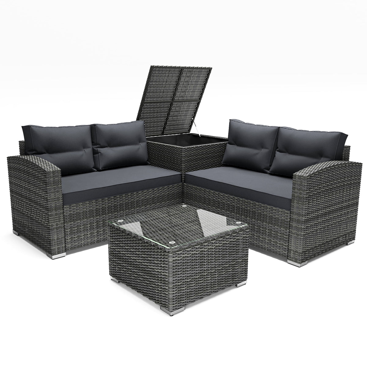 4 Pieces PE Rattan Sectional Sofa Set with Glass Table K171