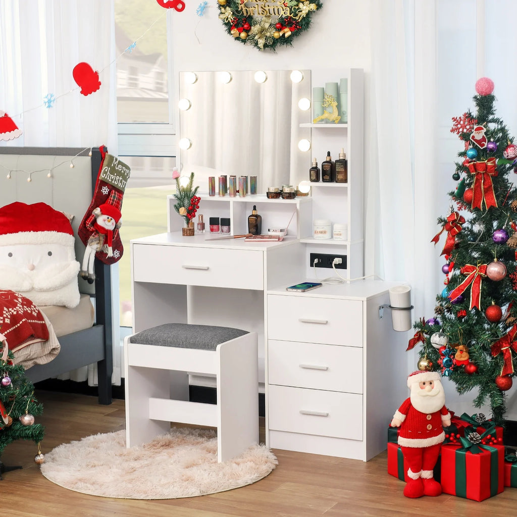 Large White Vanity Table Set with Lighted Mirror and 4 Drawers P70451