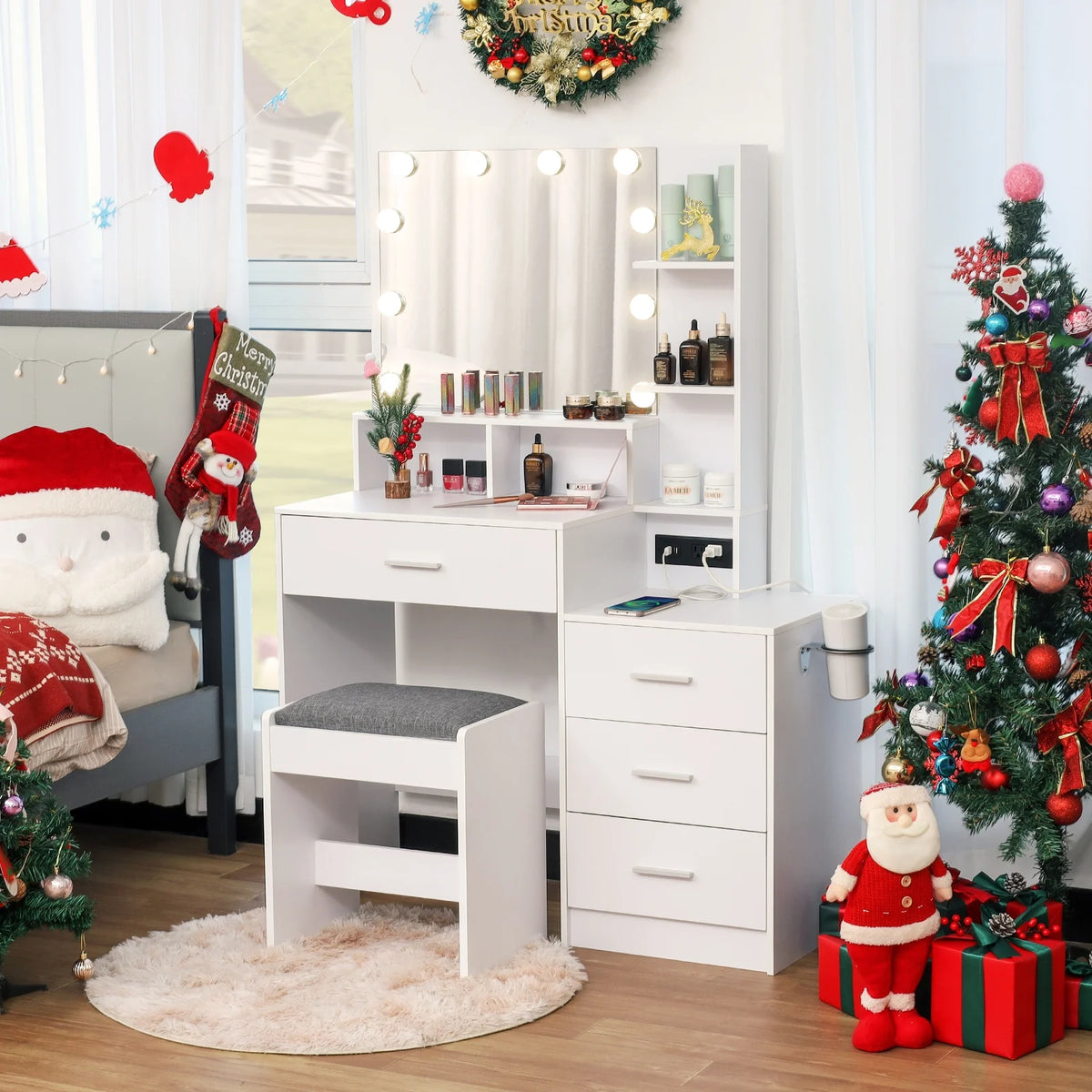 Large White Vanity Table Set with Lighted Mirror and 4 Drawers P70451