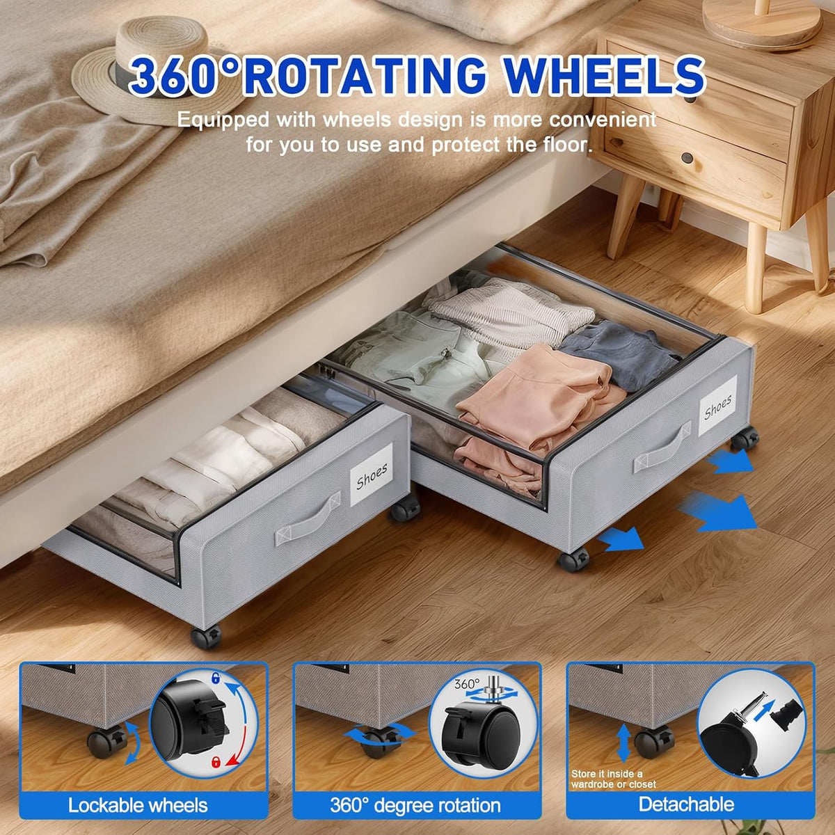 Gray 4-Pack 60L Under Bed Storage Bins with Wheels and Clear Lids C7312