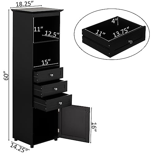 Black Tall Freestanding Storage Cabinet with 2 Open Shelves, 3 Drawers U210