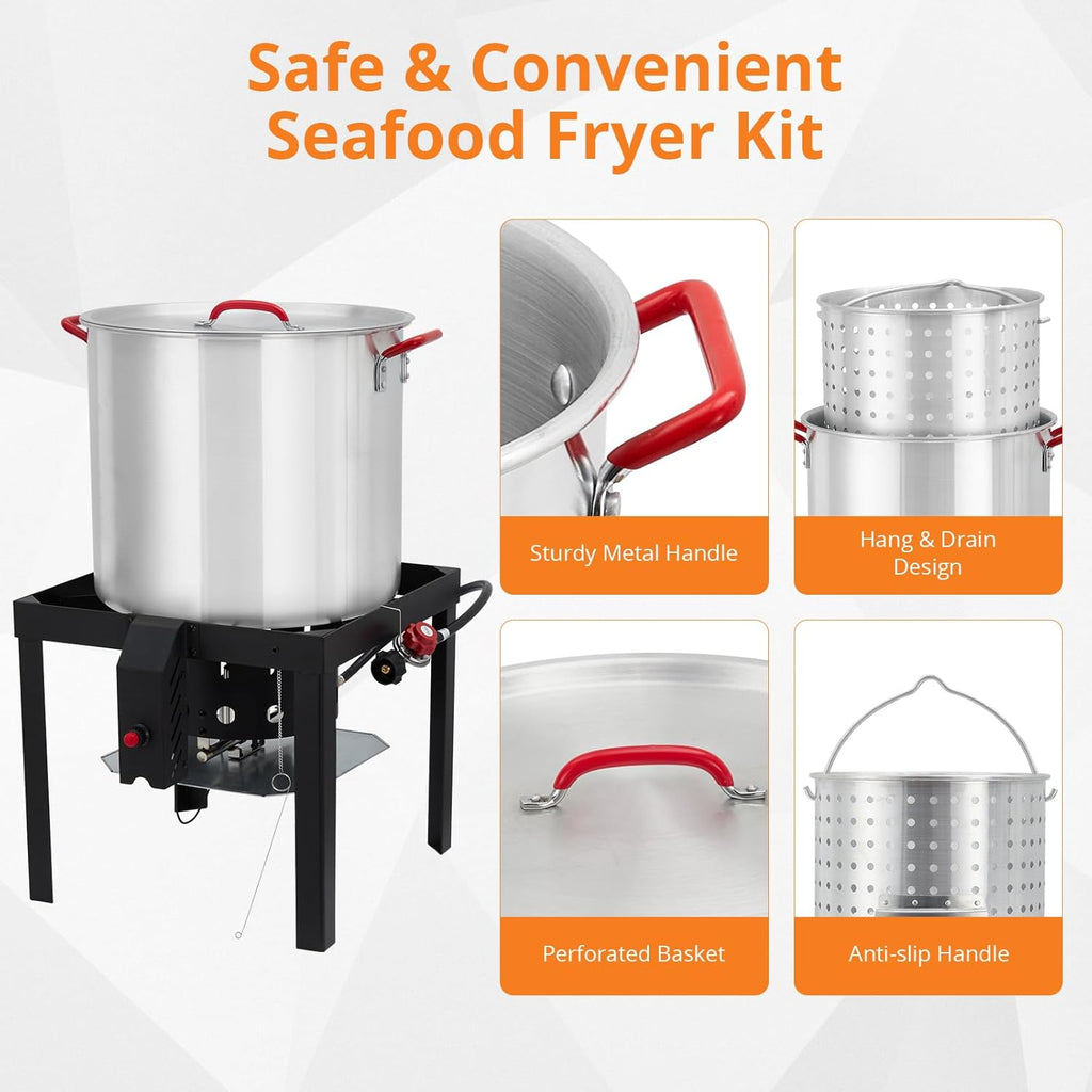 80 Qt Aluminum Seafood Boil Pot with Steam Basket and Propane Jet Burner N2415