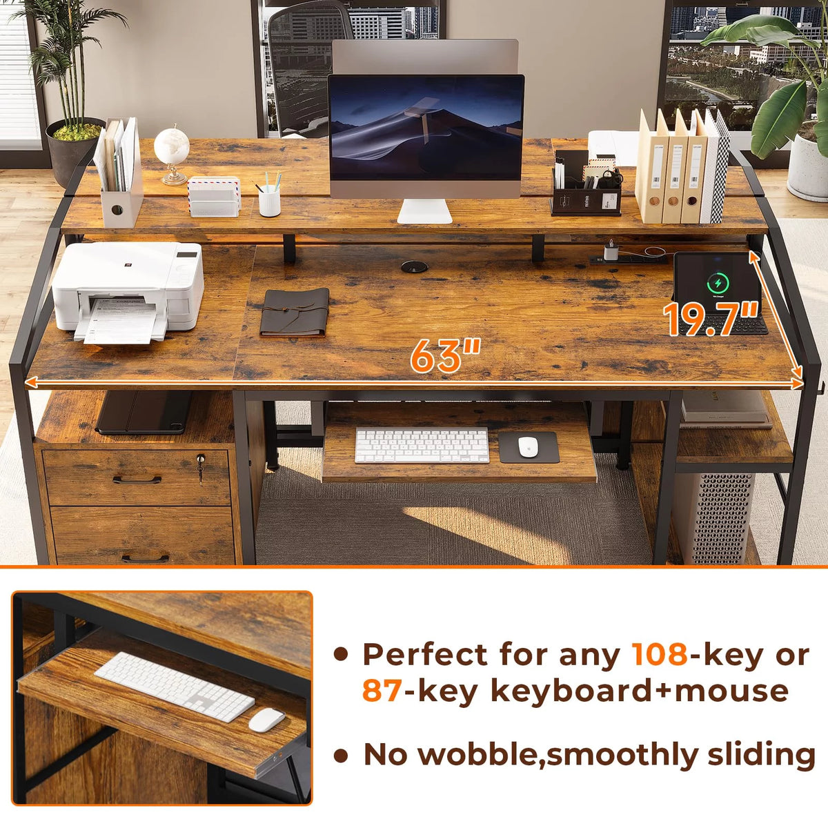 Computer Desk with LED Light and Power Outlet, 63 inches Gaming Desk with Lock Drawers W86428