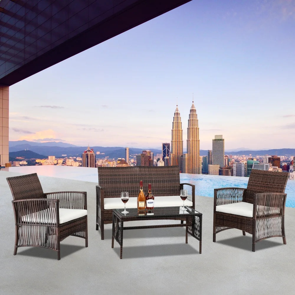 PE Rattan 4PCS Outdoor Conversation Set Patio Wicker Furniture Sofa Set O15977