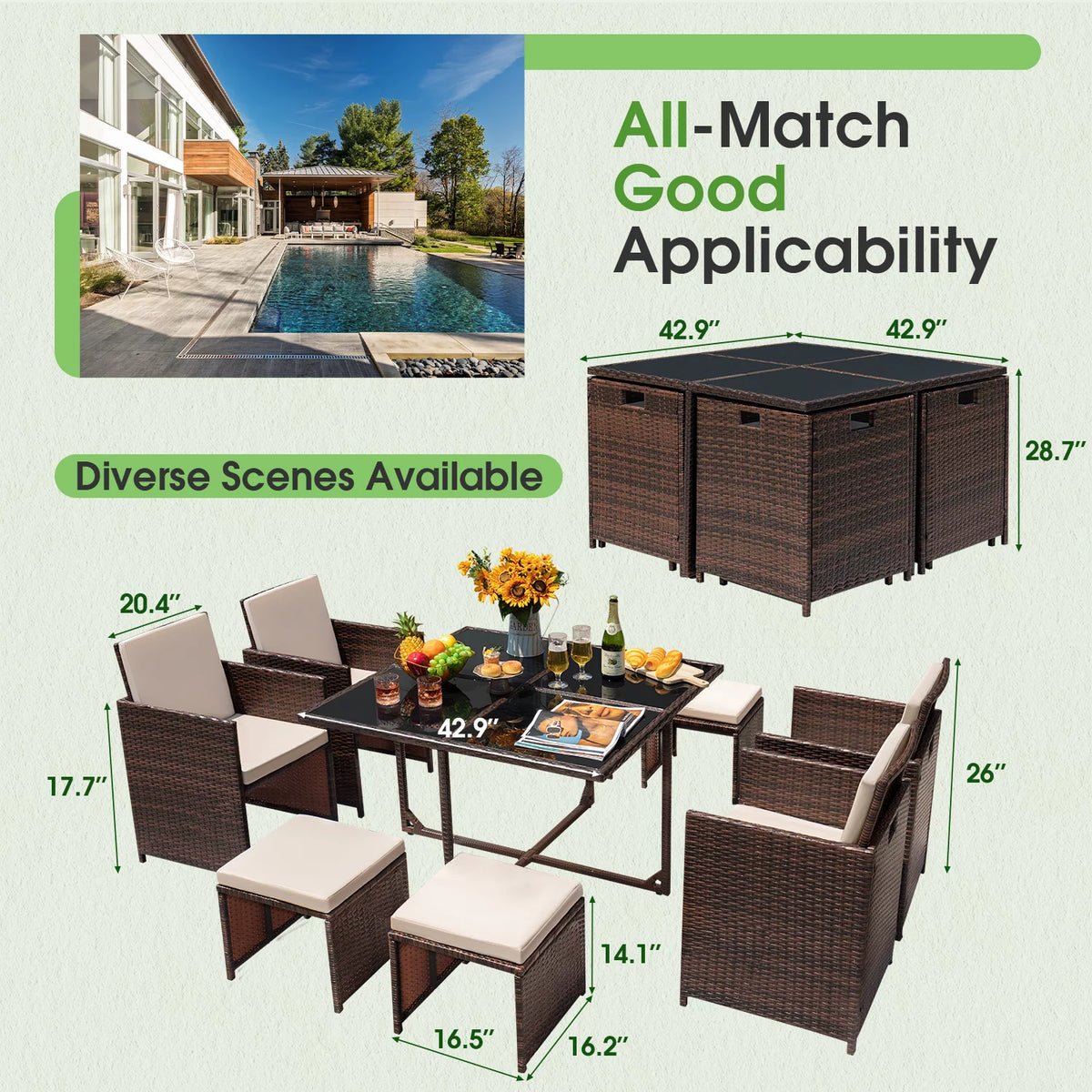 9 Pieces Outdoor Dining Set Wicker Chairs with Glass Table T9191