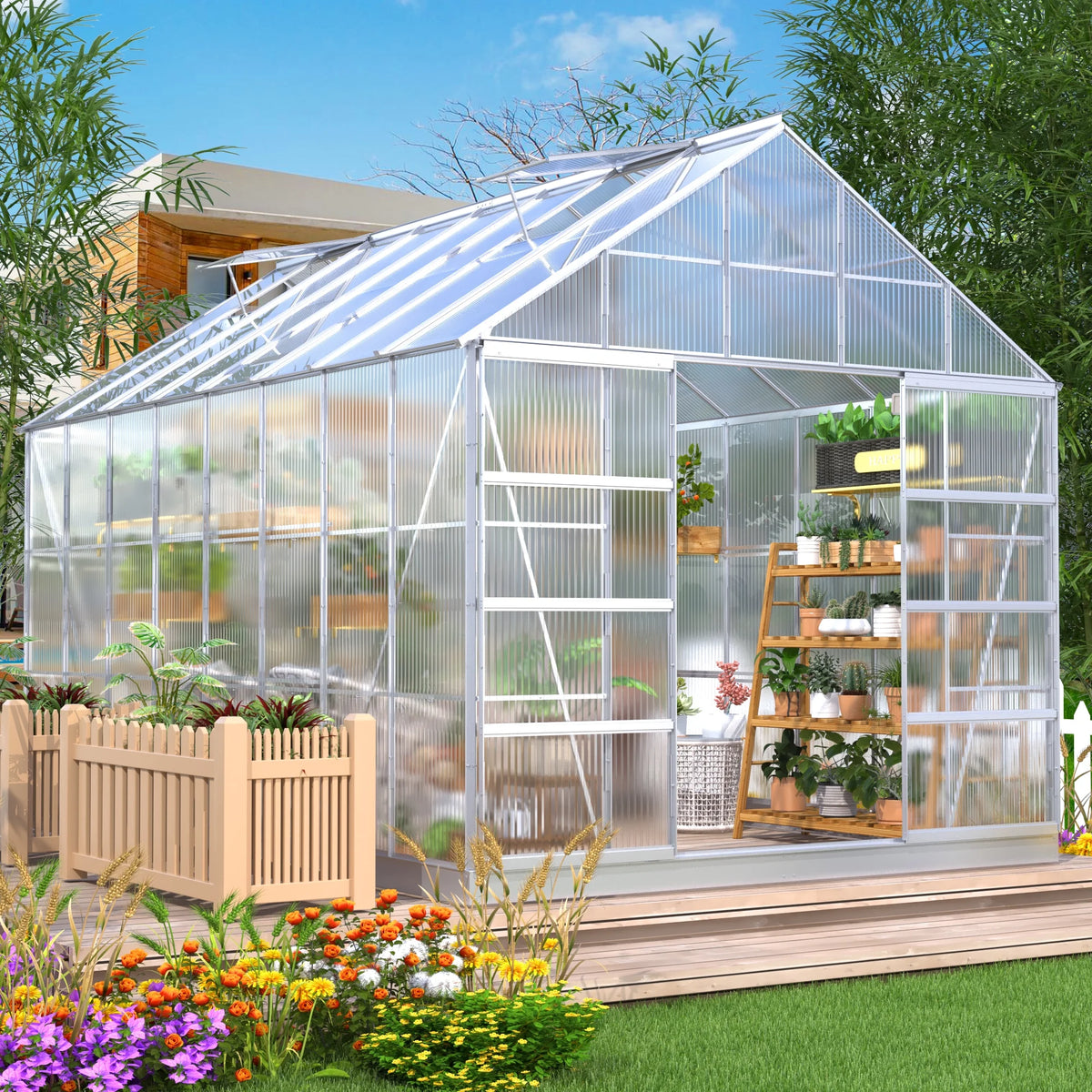 10' x 16' Walk-in Polycarbonate Greenhouse with Adjustable Roof Vent F4125