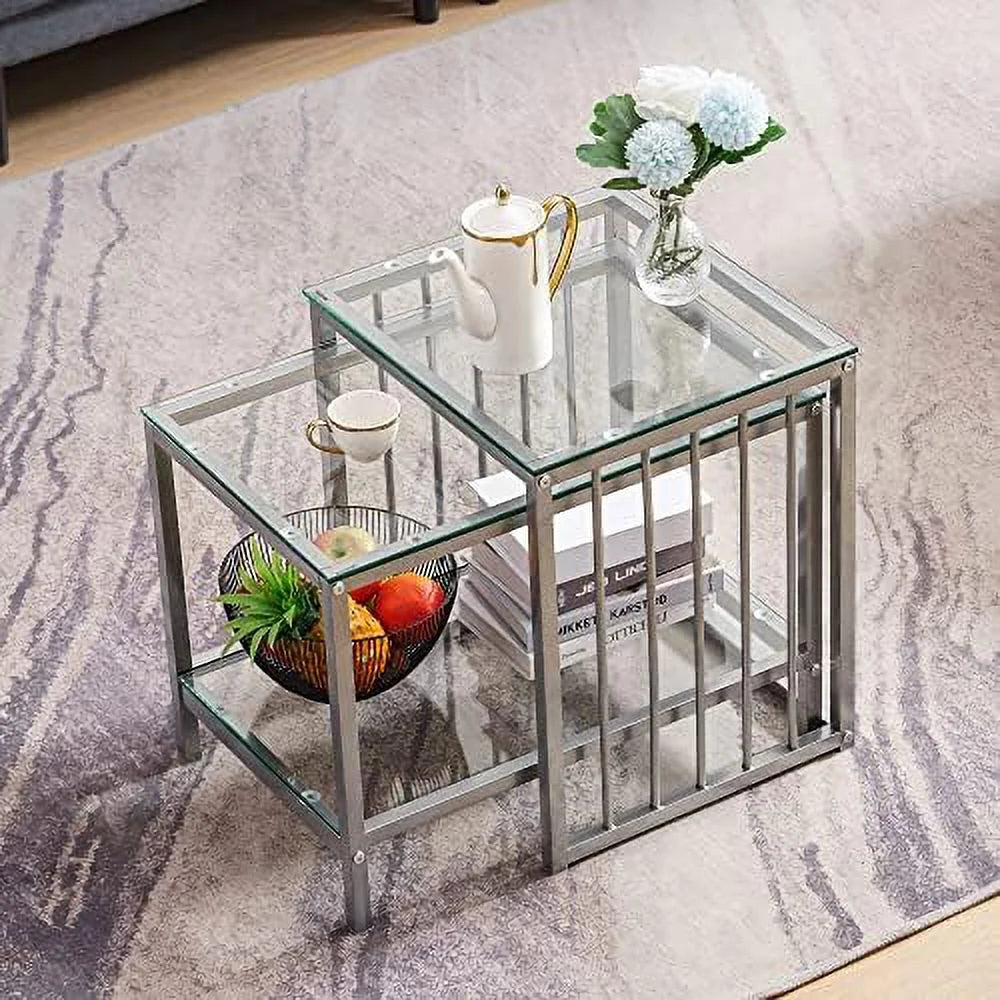 Silver Glass Coffee Table Set with Metal Base D1081
