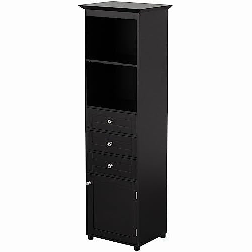 Black Tall Freestanding Storage Cabinet with 2 Open Shelves, 3 Drawers U210