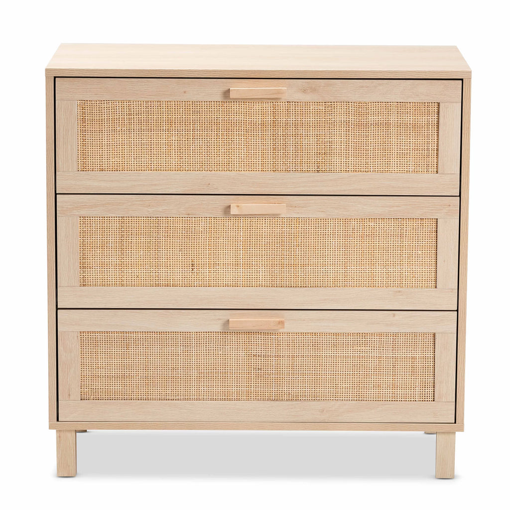 Light Brown Wood 3 Drawer Storage Cabinet with Rattan X807