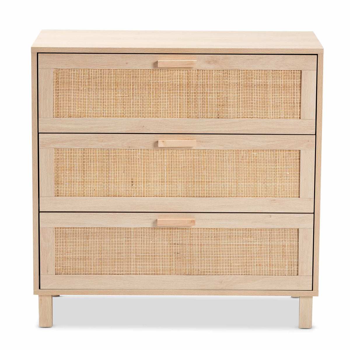 Light Brown Wood 3 Drawer Storage Cabinet with Rattan X807