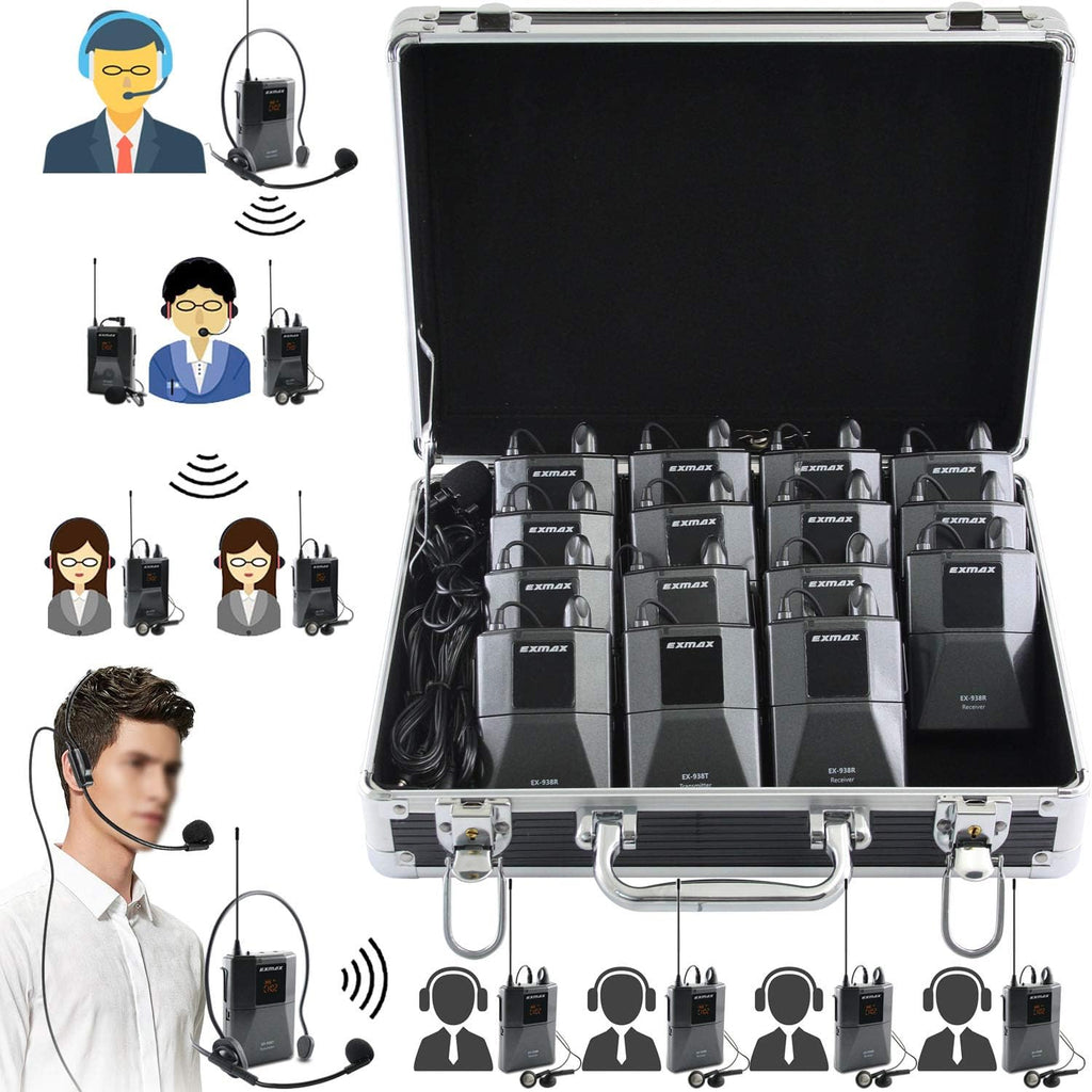Wireless Headset Microphone Tour Guide System (1 Transmitter 14 Receivers with Black Storage Case) J696382