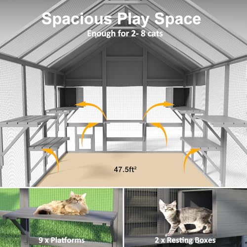 Large Catio Outdoor Cat Enclosure with 7 Platforms, 2 Resting Box and 2 Bridges, 71 x 71 x 97 inch M903040