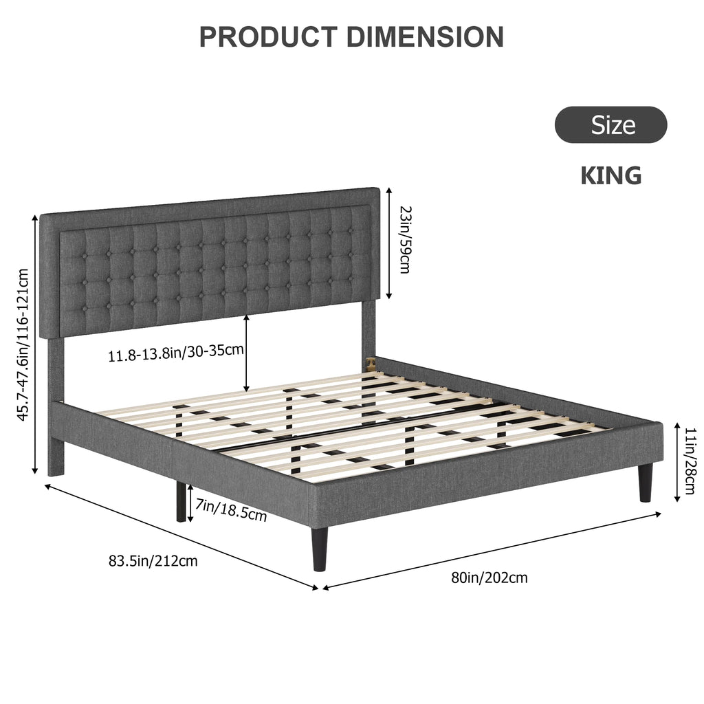 King Size Gray Linen Fabric Bed Frame with Tufted Headboard O122529
