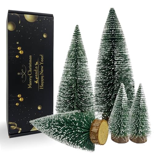5pcs Miniature Christmas Trees with Snow and Wood Base D5881