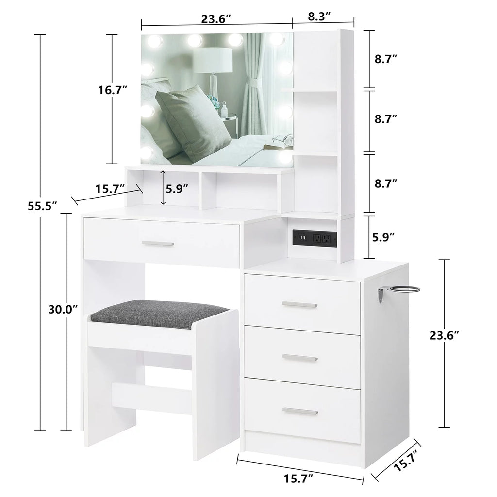 Large White Vanity Table Set with Lighted Mirror and 4 Drawers P70451