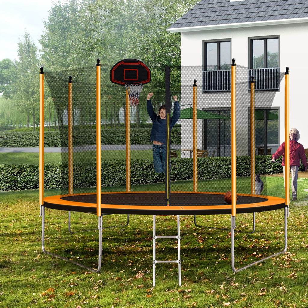 Orange Trampoline with Basketball Hoop and Ladder Q65566