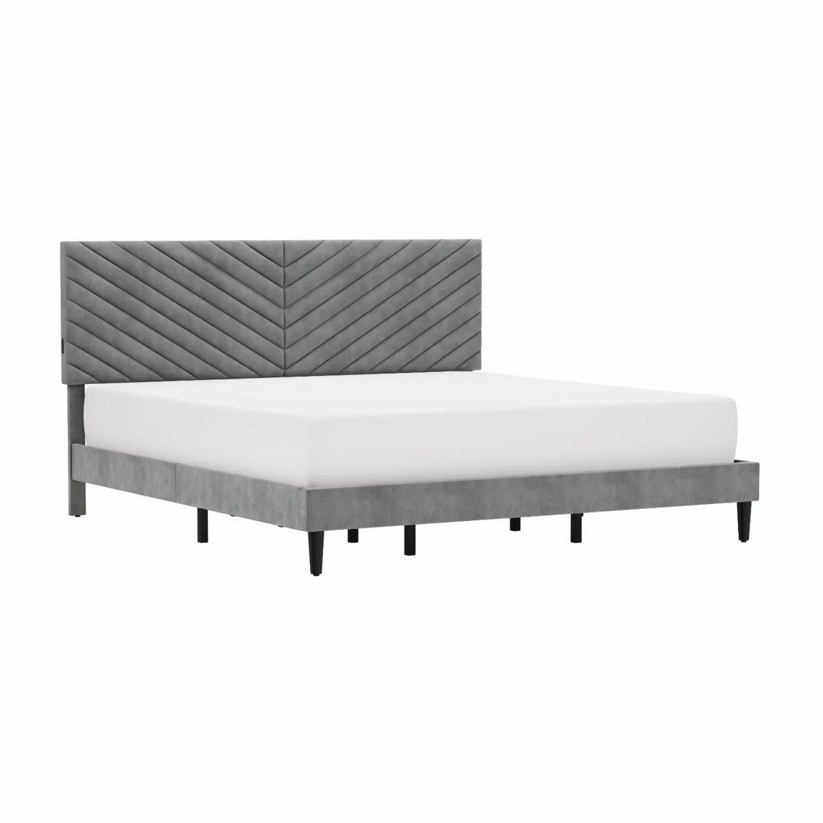 Gray Upholstered Platform King Bed with 2 USB Ports E99793