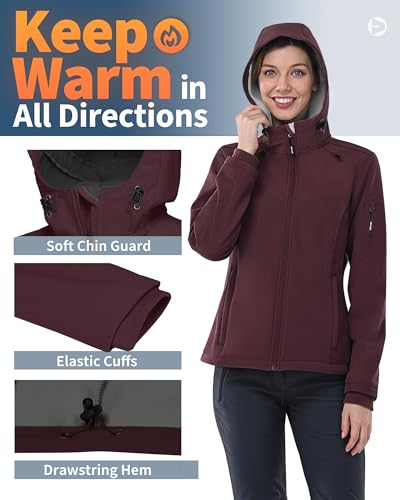 Women's Softshell Jacket with Hood Fleece Lined Waterproof Insulated Windbreaker Y805577