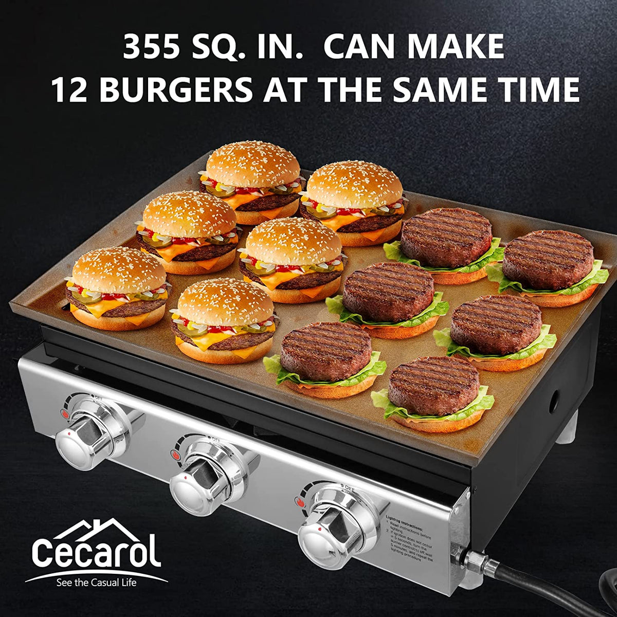 23in 3-Burner Propane Gas Griddle, 355 sq in, 25,500 BTU G483